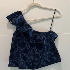 Banana Republic Navy Blue Leaf Print One-Shoulder Top